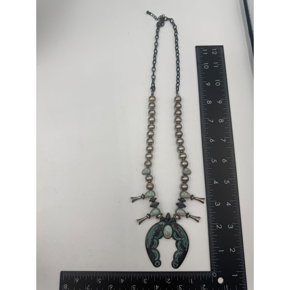 Western Turquoise Squash Blossom Naja Horseshoe Necklace Silver Tone Statement - Picture 2 of 4